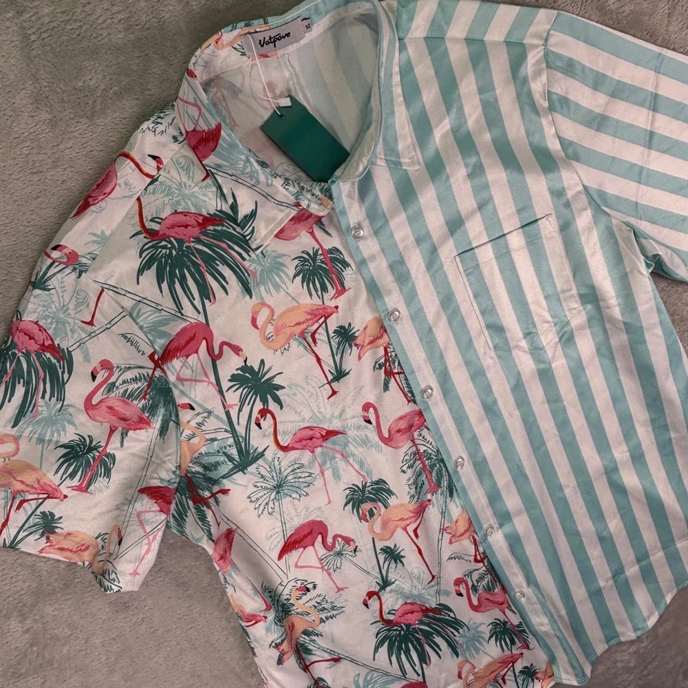 Vatpave Men's Short Sleeve Button Shirt XL Pink Flamingo‎ Palm Tree Split Stripe